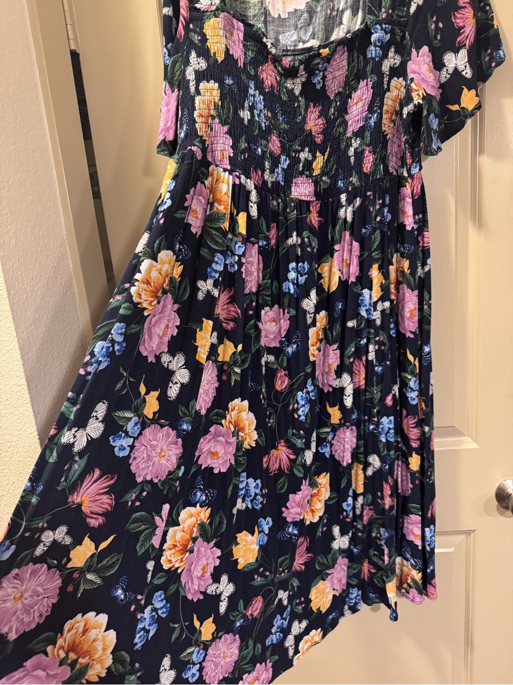 torrid Navy Floral Smocked Midi Dress with Pink, Yellow & Blue Blooms - Picture 5 of 6